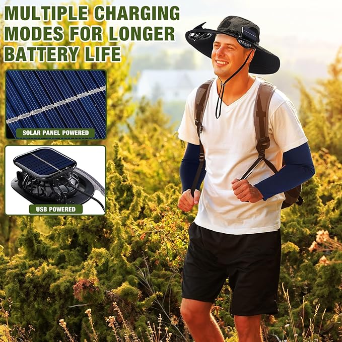Syhood Solar Powered Fan Hat with Arm Sleeves Neck Gaiter for Men Women Outdoor Wide Brim Bucket Hat with Fan for Hiking