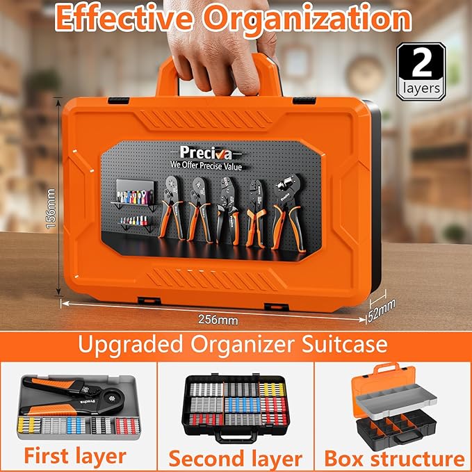 Preciva Ferrule Crimping Tool Kit with 1500PCS Wire Connectors, Hexagonal Crimping Pliers for AWG 28-5 Crimper Adjustable Ratcheting Wire Crimping Tool