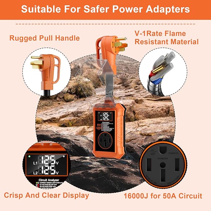 Rv Surge Protectors 50 Amp,16000 Joules Rv Circuit Analyzer with Waterproof Cover Safety Certification Led Display,Rv Voltage Protector for Camper, Travel Trailers (Orange, 50A)