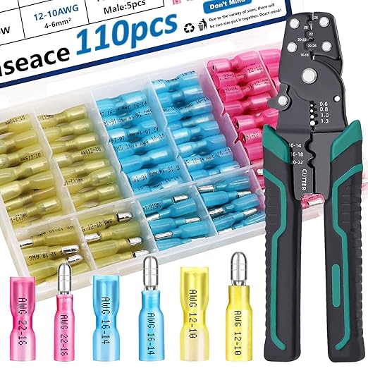 smseace 110PCS Heat Shrink Bullet Connectors with Crimping Tool 22-10AWG Waterproof Bullet connectors Heat Shrink Female&Male Connector for Automotive Boat Stereo Industrial Equipment