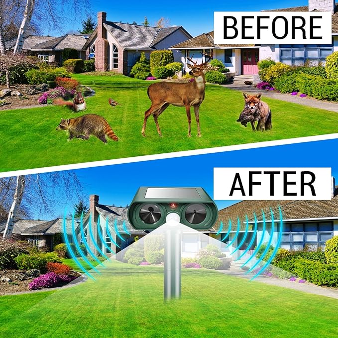 4 Pack Solar Ultrasonic Animal Repellent Outdoor Deer Repellent Devices Dog Repellent, Motion Activated Animal Cat Deterrent for Squirrel, Skunk, Rabbit, Dog in Yard Garden