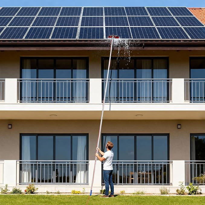 Solar Panel Cleaning Brush & Squeegee Kit, 32.81ft Long Reach Extendable Water Fed Pole Kit, Water Fed Window Cleaner Tool with 14" Brush, for Window Outdoor Roof Cleaner Kit (32.81FT Long)