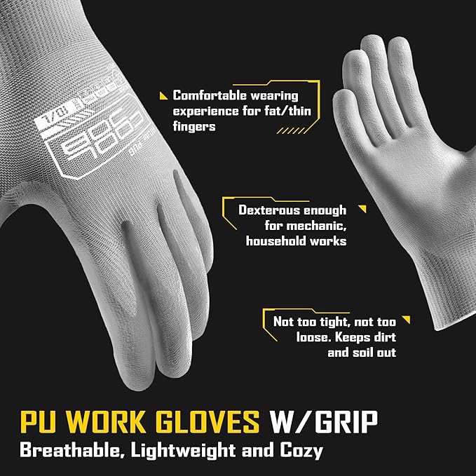 COOLJOB 60 Pairs Safety Work Gloves Pack Bulk with Grip PU Coating, 13 Gauge Seamless Knit Gloves with Polyurethane Dipped for Warehouse Working, Breathable Lightweight for Men Women, Grey Xlarge