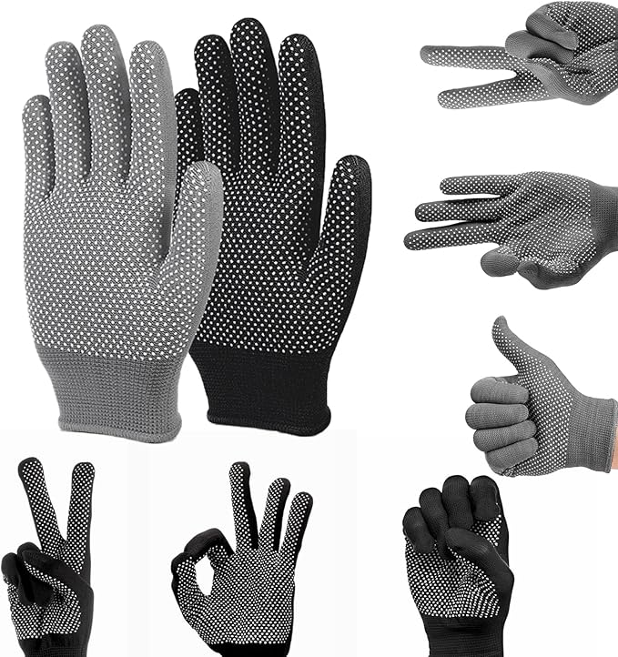 14 Pair Work Gloves With Anti-slip Grip Liners, Knitted Nylon Dot Grip Safety Gloves for Men & Women - Black/Grey