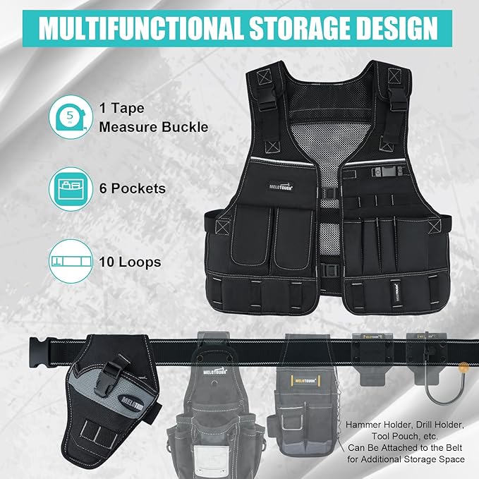 MELOTOUGH Tool Vest for Men with Pouches and Belt, Adjustable Multi-Pocket Safety Tool Vest for Electrician, Carpenter(Black)