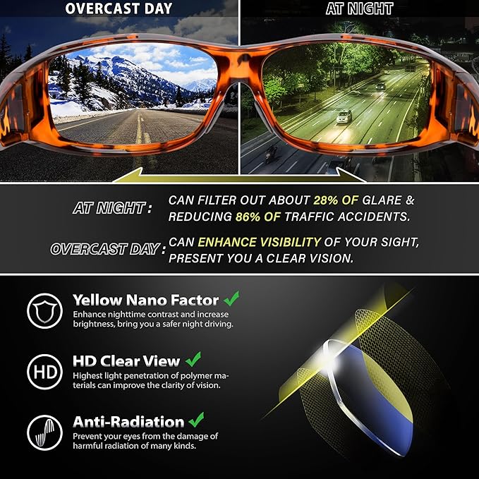 URUMQI Night Vision Driving Glasses Fit Over Eyeglasses for Men Women, Anti Glare Polarized Nighttime Glasses Yellow Lens