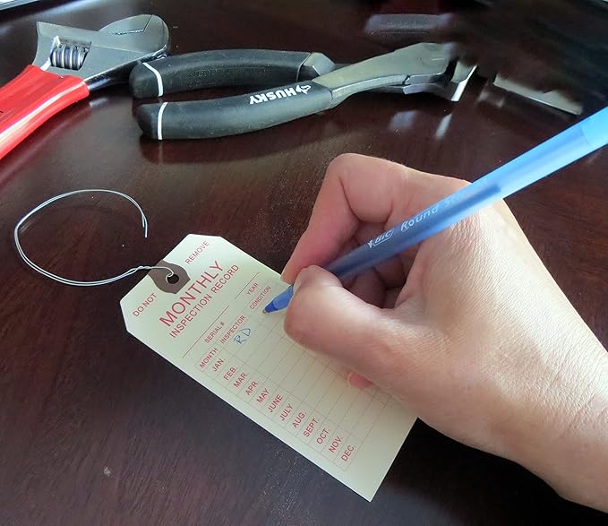 Fire Extinguisher Monthly Inspection Tags - 4 3/4" x 2 3/8" - Box of 100 Manila Service Tags with Wire Ties Attached for Indoor Only