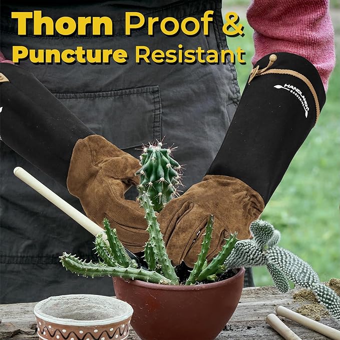 HANDLANDY Long Gardening Gloves for Men & Women, Pigskin Leather Rose Pruning Gloves, Breathable Thorn Proof Gauntlet Glove (Coffee Brown, XL)