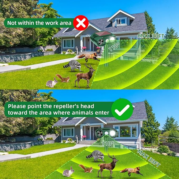 2 Pack Solar Ultrasonic Animal Repeller Outdoor Cat Deer Repellent Devices with Strobe Flashing Light - Keep Squirrels, Dogs, Raccoons,Rabbits,Skunks Away from Garden Yard Farm Animal Deterrent