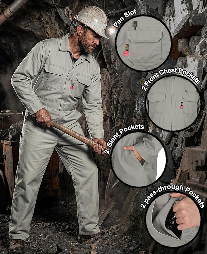 BOCOMAL FR Coveralls Men 7.5oz Cotton Twill Flame Resistant Fire Retardant Work Coverall NFPA 2112 HRC2