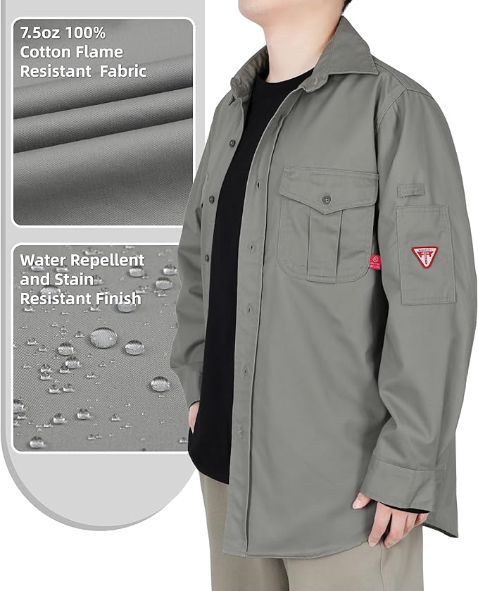 TICOMELA Men’s Mid-Weight FR Welding Shirt, 7.5oz 100% Cotton NFPA 2112 CAT2 – Flame-Resistant Button-Down Work Shirt