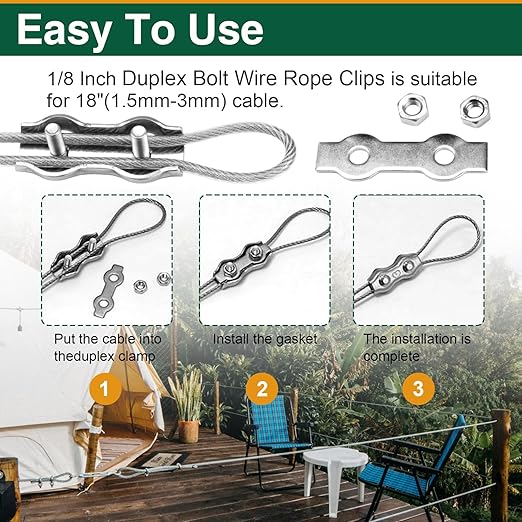 10 Pack Wire Rope Clips for 1.5-3mm Cable, M3 Stainless Steel Double Rope Clamp with Washers and Wrench