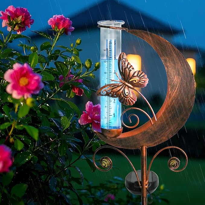 WONDER GARDEN Solar Rain Gauge Outdoor, Decorative Moon Butterfly Rain Gauges Outdoors Best Rated, Freeze Proof Water Rain Measure Gauge for Yard Patio Lawn Garden Decor