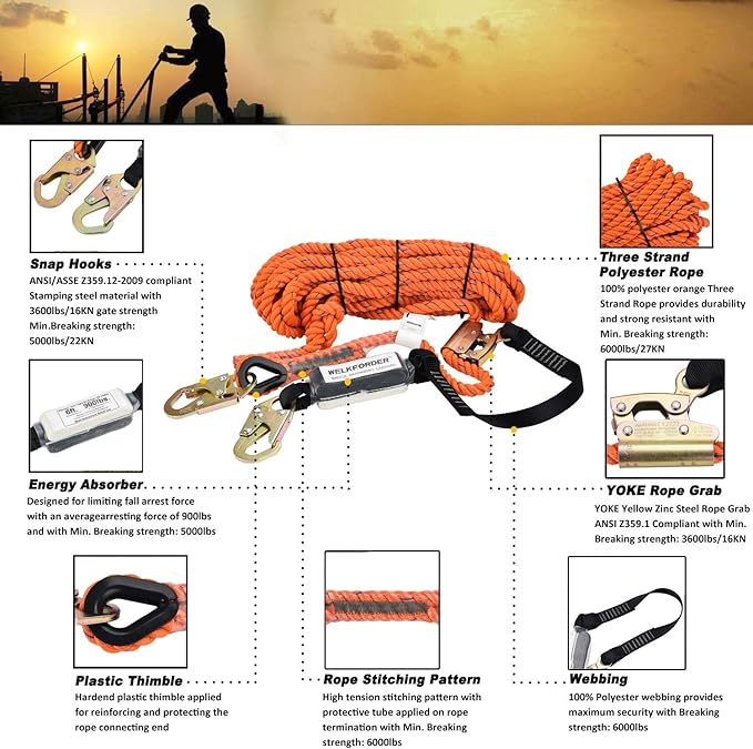 50FT Vertical Lifeline Assemble Three Strand Rope Fall Protection with Rope Grab Snap Hooks Shock Absorber Fall Protection Safety Equipment ANSI Compliant