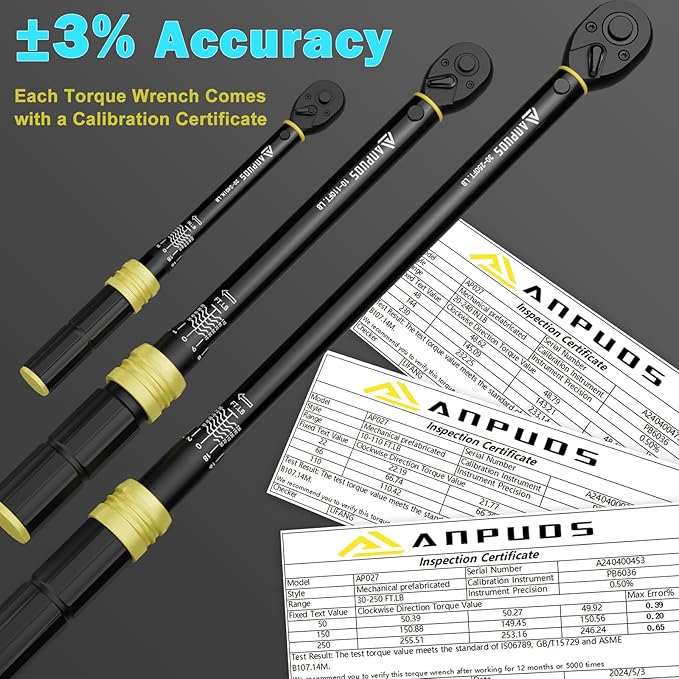 Torque Wrench Set - 5 Pcs 1/4” 3/8" 1/2" Drive, 20-240in.lb, 10-110Ft.lb, 30-250Ft.lb, 72-Tooth Ratchet, Dual-Direction, Dual Range Scales Click Torque Wrenches for Bike, Automotive, Motorcycle