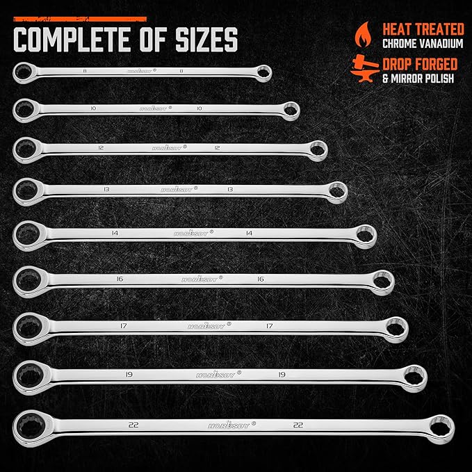 HORUSDY 9-Piece Extra Long Ratcheting Wrench Set, Double Box End Wrench Set with Tool Bag & Box, Metric 8-22mm, CR-V Steel