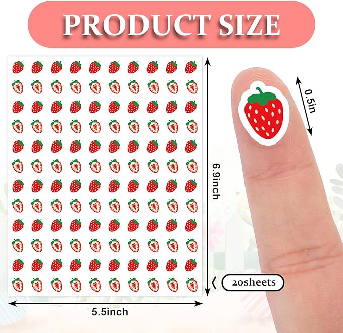 JarThenaAMCS 2400Pcs Mini Strawberry Sticker Red Fruit Paper Decal Cute Self-Adhesive Sticker for Planner Reward Envelope Scrapbook DIY Supplies, 0.5 in