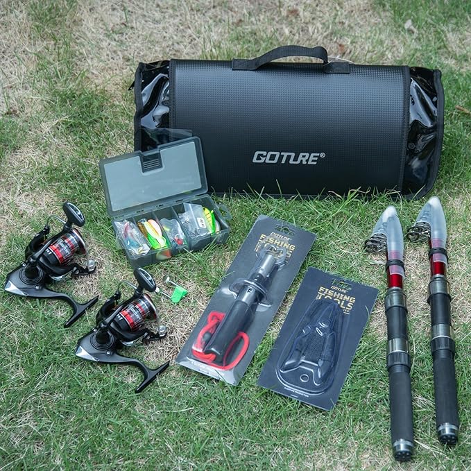 Goture Fishing Rod and Reel Combos-2PCS Telescopic Fishing Pole+2PCS Pre-Loaded Spinning Reels with Carrier Bag,1.8M-2.7M Telescopic Rod Reel Kit for Starter Travel Saltwater Freshwater,Gifts for Men