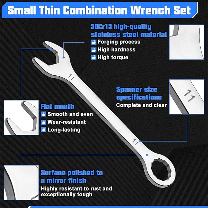 10Pcs Ultra-Thin Standard Metric 4mm-11mm Mini Wrench Set Stainless Steel Combination Wrenches Open End and Box End Combination Wrench Ignition Wrenches with Circle Ring,Gate Clip in Pouch
