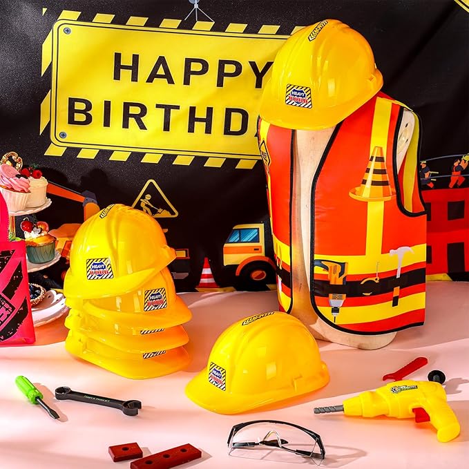 6 Pcs Construction Hats Plastic Hard Hat Construction Worker Hat Helmet for Girl Boy Engineer Building Theme Party