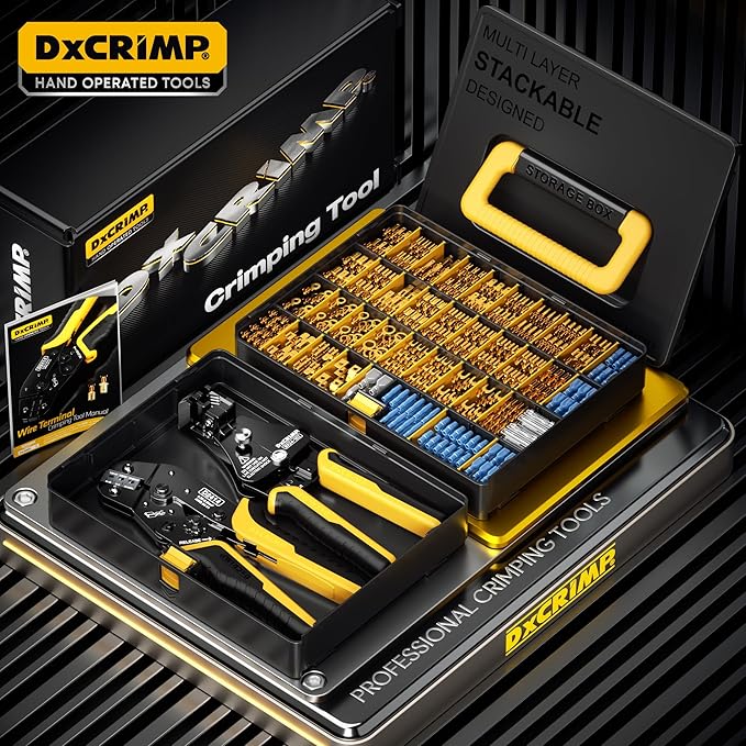 Crimping Tool Kit, 36-Type Open Spade & Quick-Disconnect Connector Set (2.8/3.9/4.8/6.3 mm) Non-Insulated Terminals with Wire Stripper, 24–14 AWG Ratcheting Crimper, for Auto, Appliance, DIY