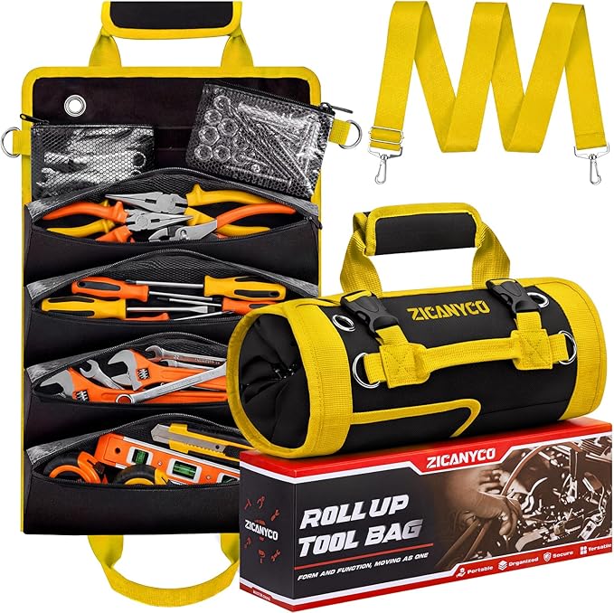 Roll Up Tool Bag, Heavy Duty See-Through Tool Roll Organizer with 2 Detachable Pouches, Portable Mechanic & Motorcycle Tool Bag, Birthday & Father’s Day Gift, Yellow