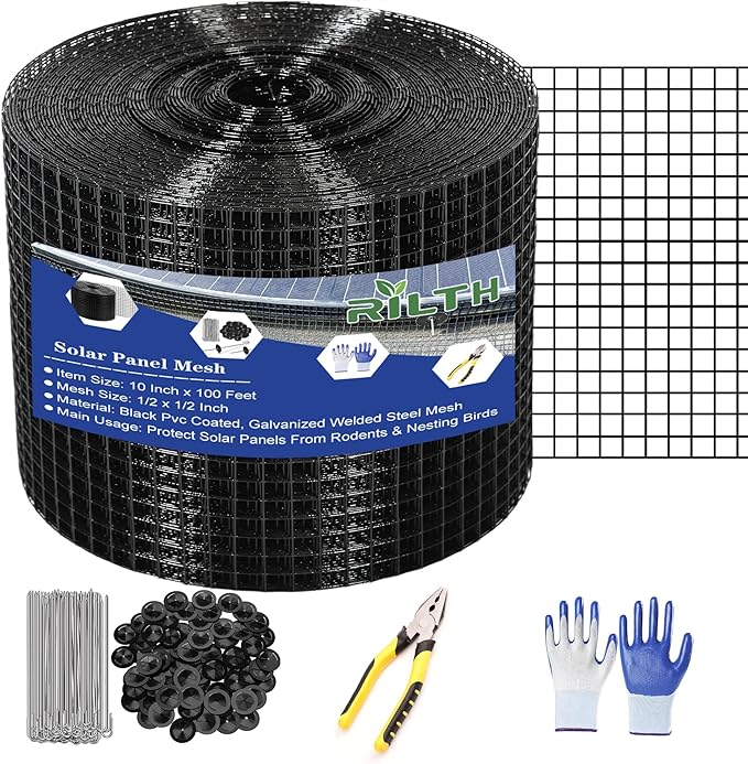 10in X 100ft Critter Guard for Solar Panels, 1/2inch PVC Coated Solar Panel Guard, Critter Guard Roll Kit for Solar Panel Wire Mesh, Black Pigeon Barrier with 120pcs Fasteners, Cutting Scissor, Gloves