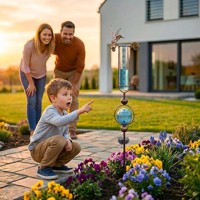 MUMTOP Rain Gauge Outdoor, 36 Inch Hummingbird Crackle Glass Solar Lights for Lawn, Yard and Garden