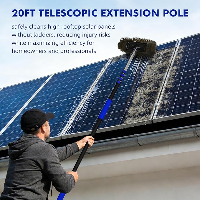 20FT Solar Panel Cleaning Brush and Pole, Cleaning Kit with 5-20FT Telescopic Pole, Accompanied by an Extension Pole and Soap Dispenser, Ideal for Snow Removal, Windows, Boats, RVs, Decks