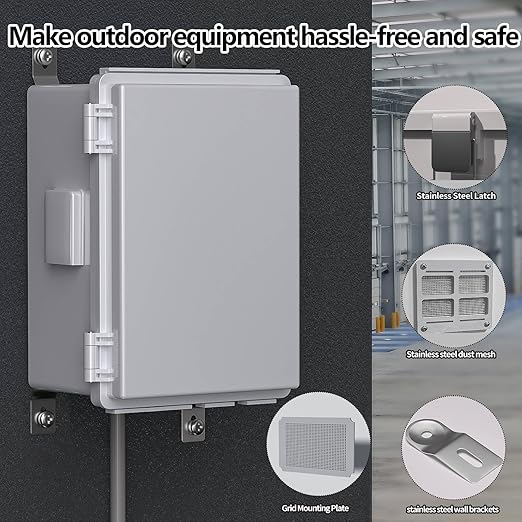 ABS Electrical Junction Box, Ventilated Design, Cable Grommets, IP65 Waterproof Enclosure, Indoor/Outdoor Use with Mounting Panel. (Grey Cover, 8.7"x6.7"x4.3")
