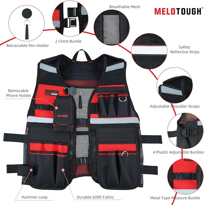 MELOTOUGH Tool Vest for Men Reflective Safety Tool Vest with Adjustable Straps,Removable Phone Holder for Electrical,Carpenters,Construction(Red)