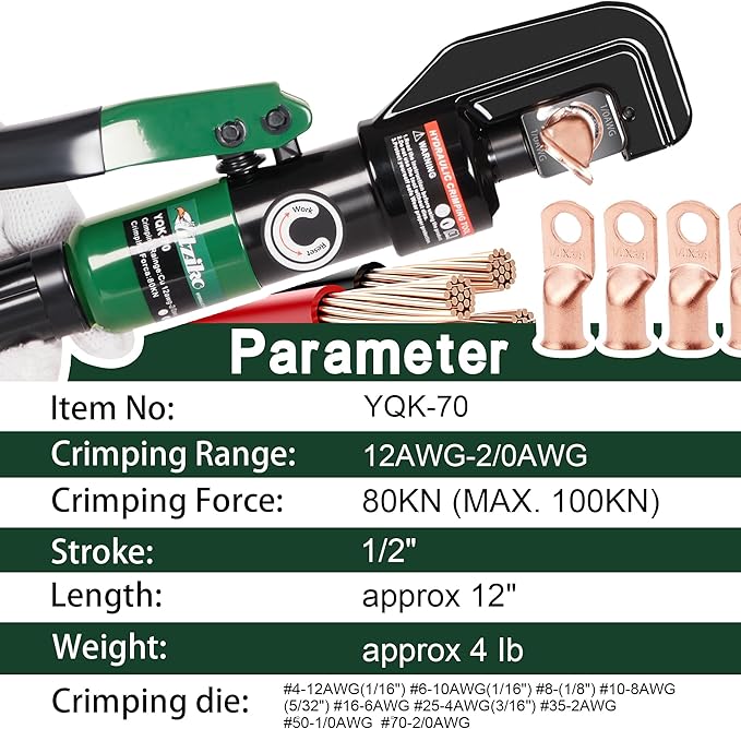 Hydraulic Cable Lug Crimper 10 US TON 12 AWG to 00 (2/0) Electrical Terminal Cable Wire Tool Kit with 9 Die (12awg~00awg Crimping Tool)