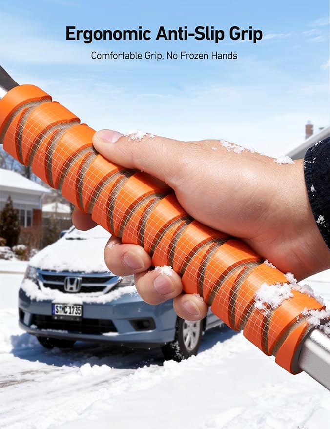 AstroAI 47.2" Ice Scrapers for Car Windshield, 3 in 1 Sturdy Snow Brush with Squeegee, 10 Adjustable Length Settings, Extendable Aluminum Handle, 180° Pivoting Snow Scraper for Car, Truck, SUV(Orange)