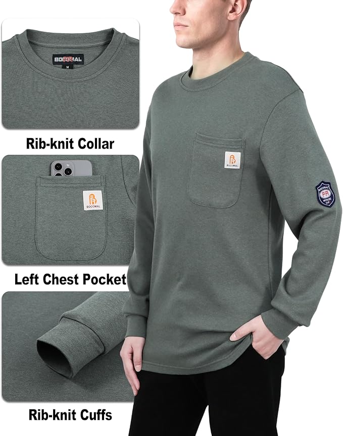 BOCOMAL FR Shirts Crewneck 7oz Midweight Flame Resistant Clothing NFPA2112 CAT2 Men's Fire Retardant Work Shirt