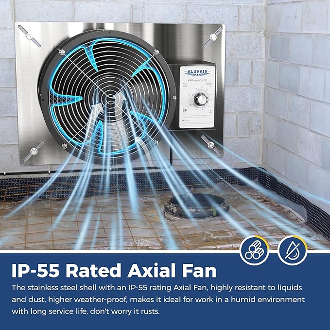 ALORAIR 720 CFM Stainless Steel Crawl Space Vent Fan - Air Out Ventilation Fan with Humidistat Dehumidistat, IP55 Rated Exhaust Fan with Isolation Mesh for Crawlspace Foundation Basements Garage Attic
