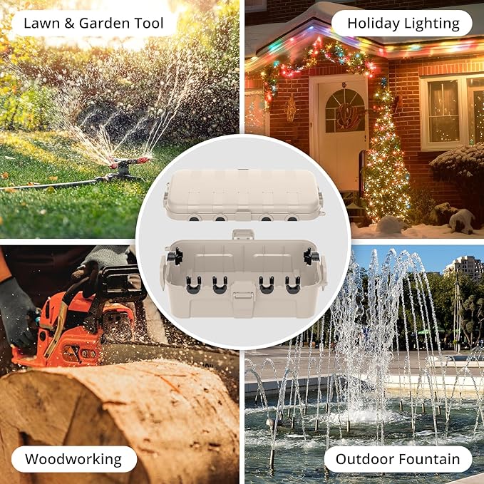 QUOBAS 2 Pack Outdoor Waterproof Electrical Box with 6 Cable Ports, IP54 Weatherproof Heavy-Duty Extension Cord Cover for Power Strips, Garden Power Tools, Holiday Lights, Almond