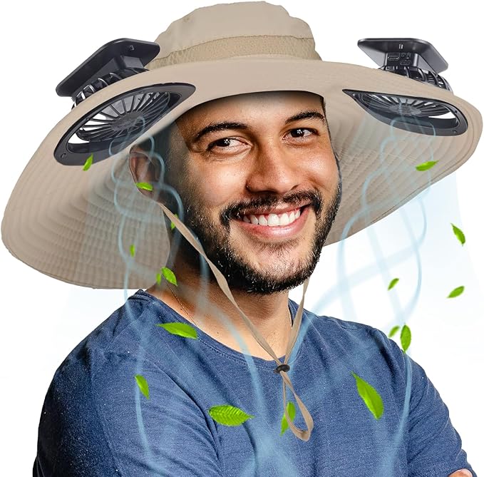 Wide Brim Outdoor Solar Fan Hat, UPF 50+ Fishing Hat for Man with 2 Solar Fan, 3 Modes 180°Rotating Fan Hats