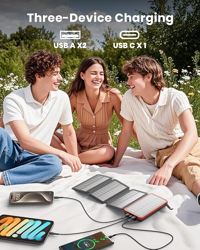 Hiluckey Solar Charger 25000mAh, Outdoor USB C Portable Power Bank with 4 Solar Panels, 3A Fast Charge External Battery Pack with 3 USB Outputs Compatible with Smartphones, Tablets