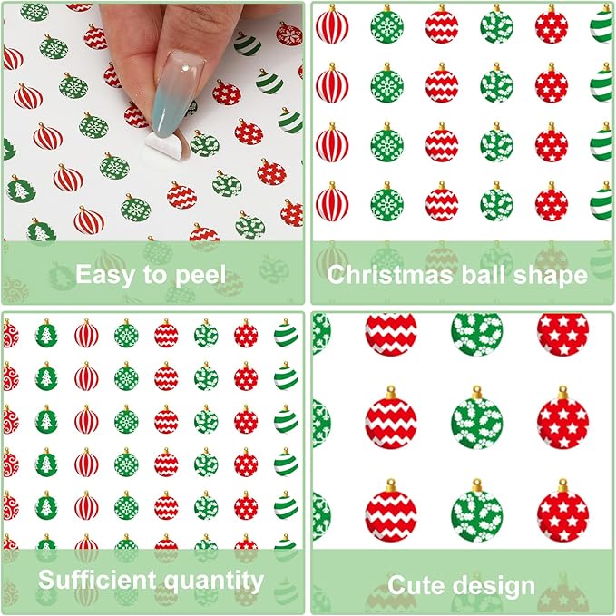 JarThenaAMCS 2400Pcs Mini Christmas Ornament Sticker Red Green Xmas Ball Paper Decal 10 Designs Adhesive Sticker for Winter Planner Envelope Scrapbook Gift DIY Supplies, 0.5 in