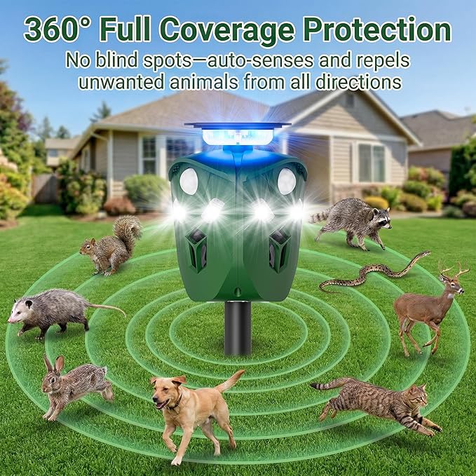 360° Solar Ultrasonic Animal Repellent Outdoor, Deer Repellent Devices with Flash Lights, Animal Deterrent Devices Outdoor for Squirrels, Snakes, Cats, Dogs, Rabbits, Opossums, Coyotes, Raccoons