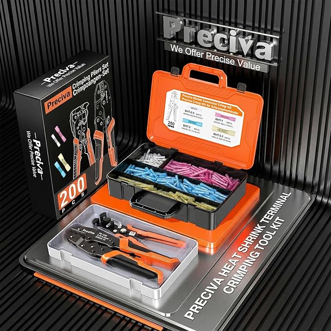 Preciva Wire Crimping Tool Kit with 200pcs Heat Shrink Connectors, Color-Coded Crimper & Wire Stripper, IP67 Waterproof Terminals for 26-10 AWG, All-in-One Electrician Tool Set with Storage Case
