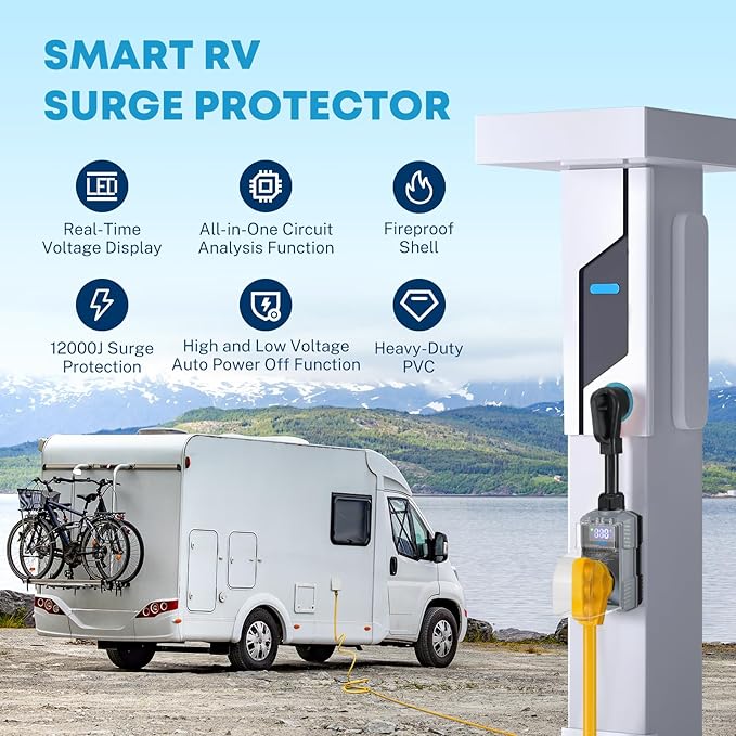 Kohree RV Surge Protector 50 Amp with High/Low Voltage Protection, 12000 Joules 50 Amp RV Surge Protector Waterproof, Smart Circuit Analyzer w/LED Display for RV Camper, Gray