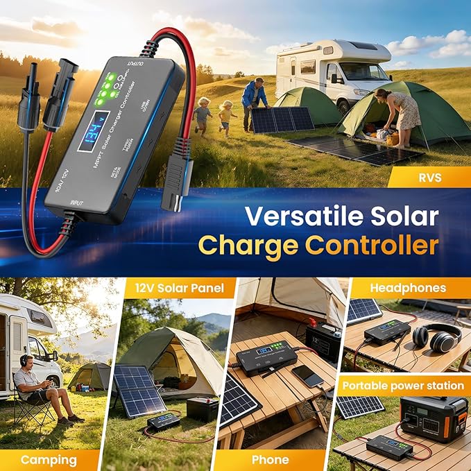 MPPT Solar Charge Controller 12V 10A, with LCD Display & Type-C/USB Output, Compatible with LiFePO4, AGM, Gel Batteries, Zero Battery Drain Technology for Off-Grid Solar System