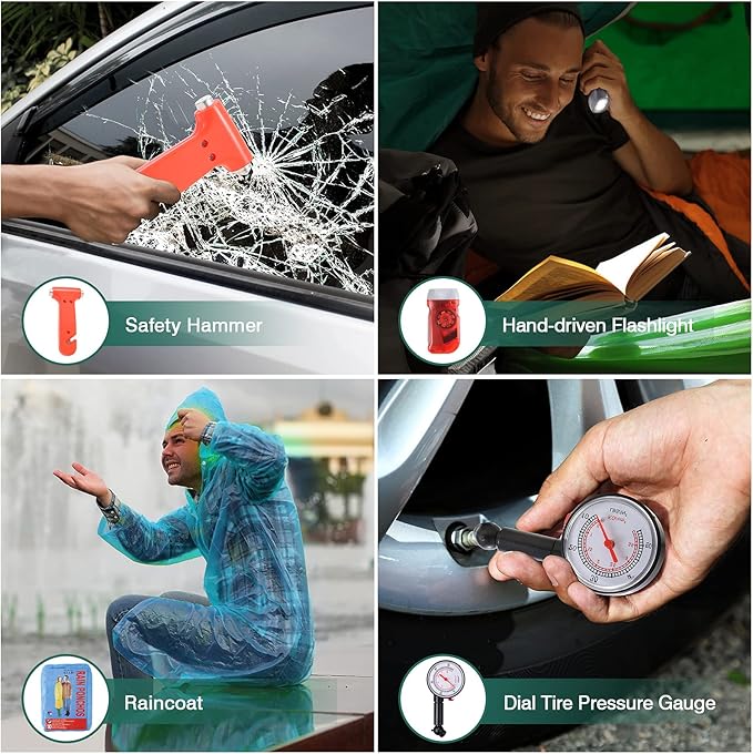 Car Roadside Emergency Kit, Auto Vehicle Safety Emergency Road Side Assistance Kits Essentials, with Jumper Cables, Safety Hammer, Reflective Warning Triangle