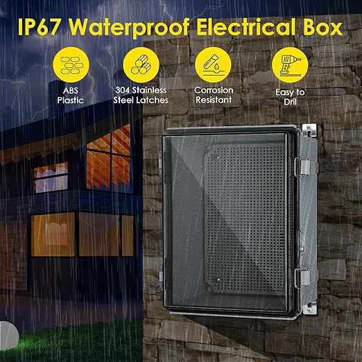 Waterproof Electrical Junction Box, IP67 ABS Plastic Junction Box Enclosure with Aluminum DIN Rail, Mounting Plate, Wall Brackets for WiFi Electronics Project, Clear (16.1''×12.2''×7.1'')
