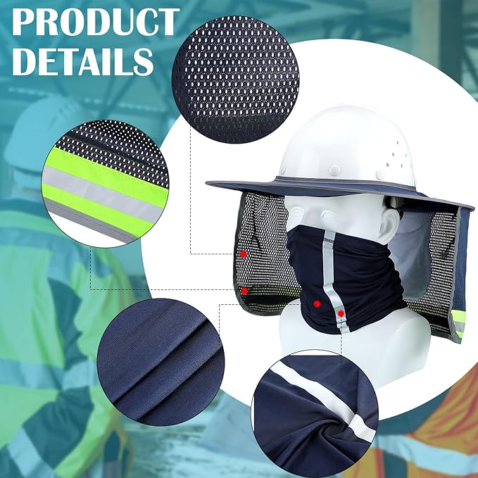 SATINIOR 2 Pcs Sun Hard Hat Neck Protection High Visibility Full Brim Mesh Sun Protection and Neck Gaiter Bandana Face Scarf for Construction Helmet Hard Hat Accessories, Reflective(Navy Blue)