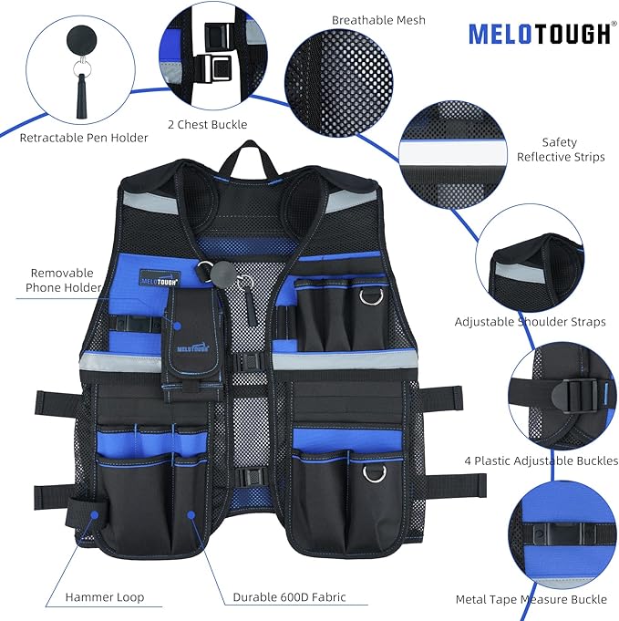 MELOTOUGH Tool Vest for Men Reflective Safety Tool Vest with Adjustable Straps, Removable Phone Holder for Electrical, Carpenters, Construction, Handyman (Blue)