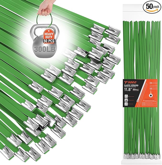 Green Metal Zip Ties Heavy Duty 11.8 inch for Outdoor Use, Stainless Steel Epoxy Coated Cable Chain Link Fence Zip Ties, Durable Metal Wire Ties Strap UV Resistant
