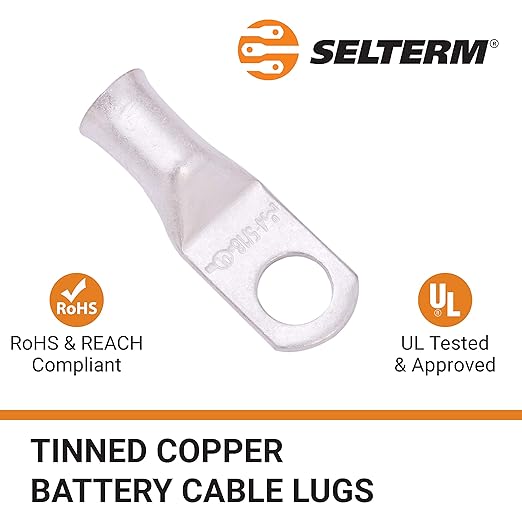 SELTERM 10pcs 4 AWG-5/16" Stud Tinned Copper Wire Lugs, Heavy Duty Battery Cable Ends,4 Guage Ring Terminals, UL Battery Lugs Marine Grade Copper Eyelets Electrical Battery Terminal Connectors
