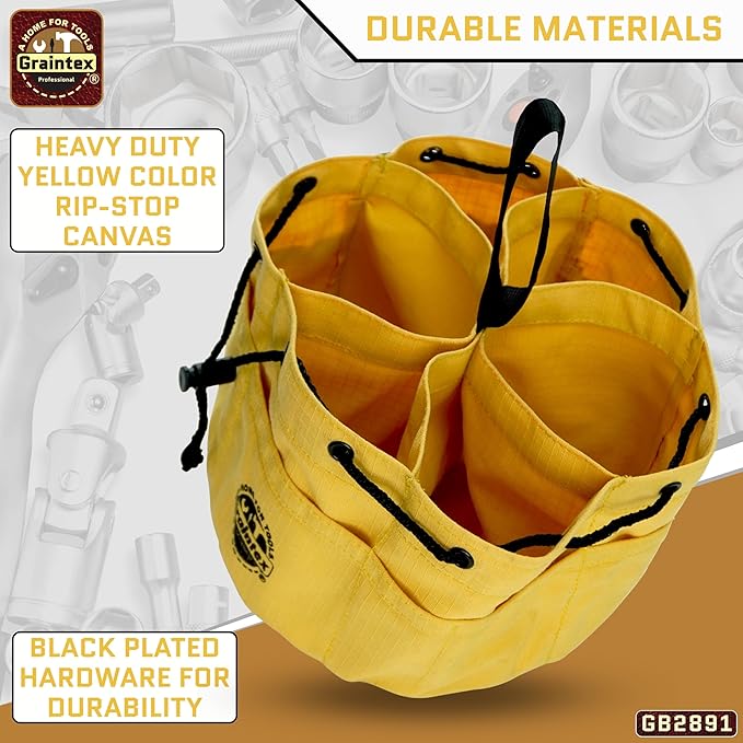 Graintex 18 Pockets Grab Bag Rip-stop Canvas Drawstring Closure, Small Part Organizer Pouch, Small Tools, Screws, Parts, Parachute Tool Bag for Efficient Storage - Yellow